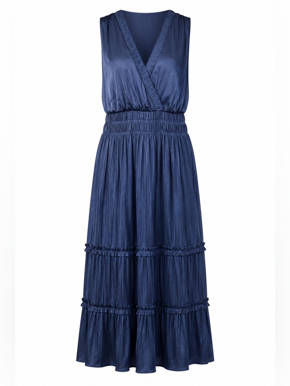 WHITE HOUSE BLACK MARKET | Ink Blue Crinkle Satin Surplice Ruffle Midi Dress XL